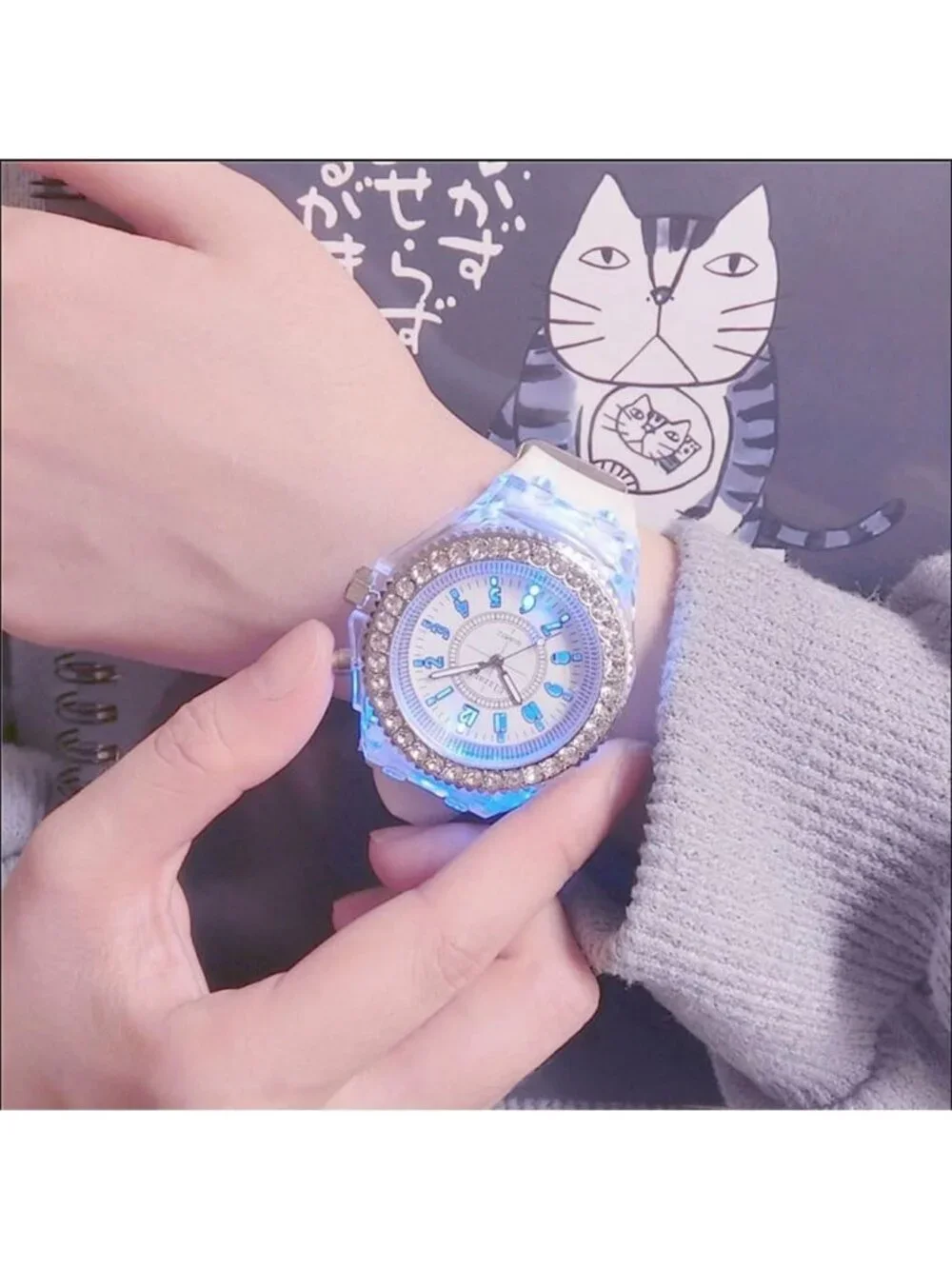 Women's Blue Analog Silicone Bling LED Luminous Lights Sport Square Wrist Watch